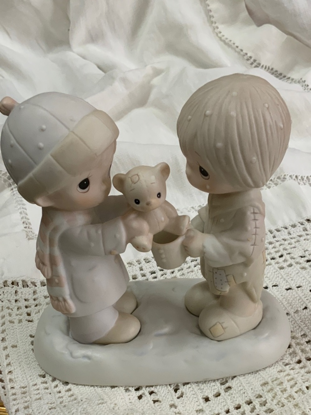 Precious Moments Neutral Beige and Cream Boy and Girl with Teddy Figurine